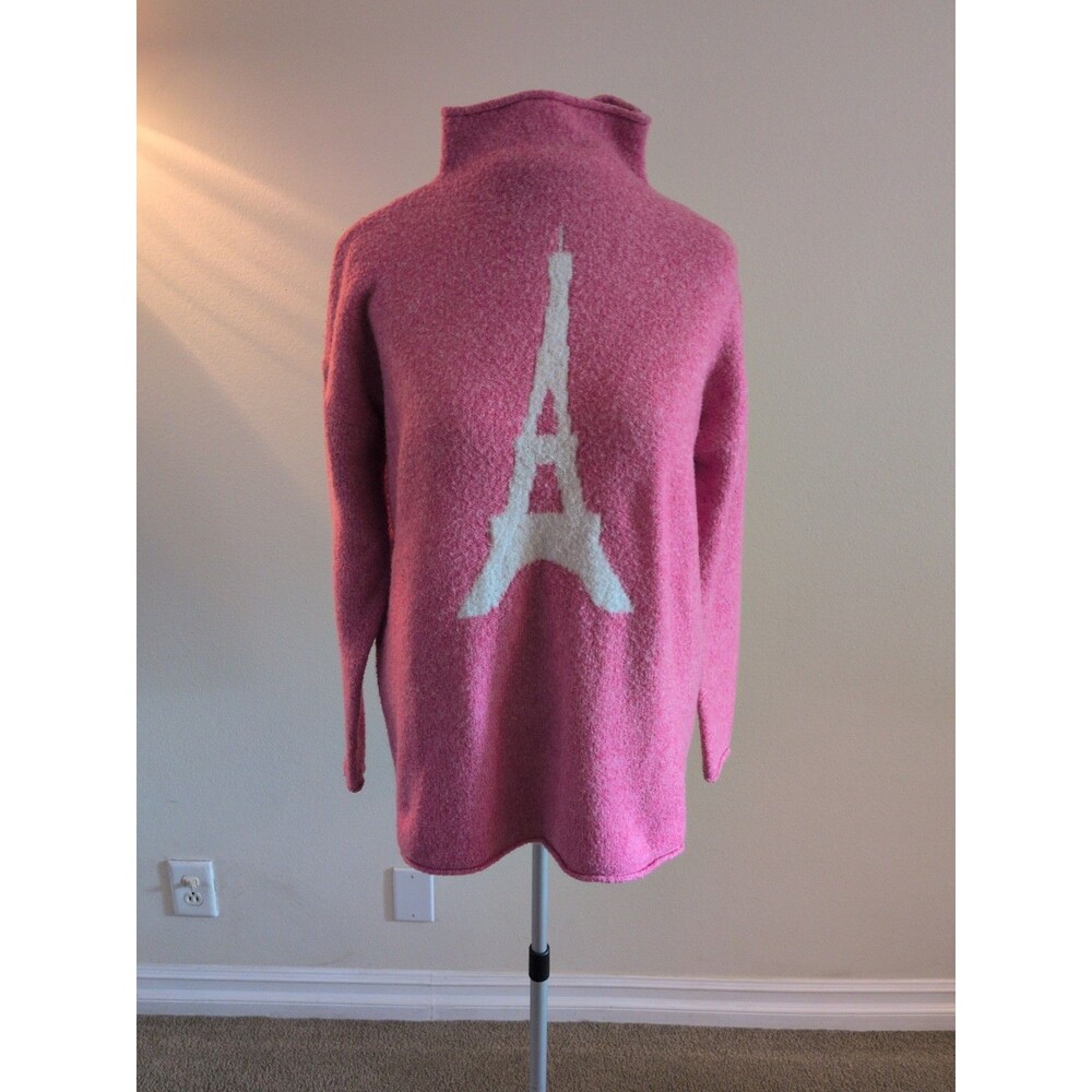 Cupcakes & Cashmere Pink Mock Neck Eiffel Tower Knit Sweater LG Emily In Paris
